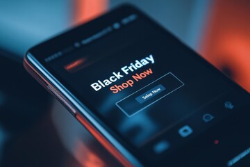 Smartphone Sale Notification: A close-up of a smartphone showing a push notification for a "Black Friday Sale" with a "Shop Now" button.