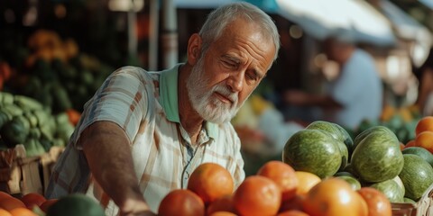 Fototapeta premium An elderly man is carefully choosing fresh fruits and vegetables at a market, illustrating themes of choice, quality, and mindful consumption in everyday life.