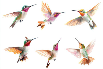 Obraz premium Set of watercolor hummingbirds in flight