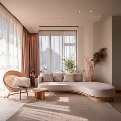 Fototapeta premium Japandi, minimalist interior design of modern living room with curved sofa.