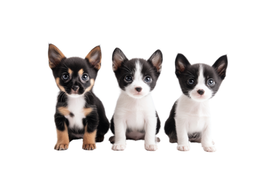 Three adorable puppies sitting together on a white isolated background.