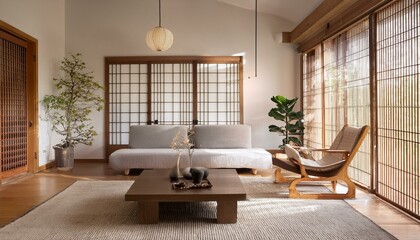 Minimalist, japandi interior design of modern living room.