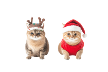 Two adorable cats wearing festive hats for a cheerful holiday celebration, isolated on a white background.