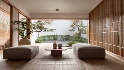 Fototapeta premium Minimalist, japandi interior design of modern living room.