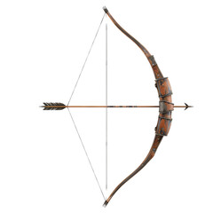 A detailed wooden bow with an arrow, ideal for archery enthusiasts, isolated on a white background.