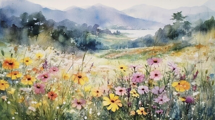 Fototapeta premium On a sunny spring day, the flutter of flowers blooming in the hillsides