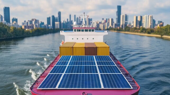 A modern cargo ship equipped with solar panels navigates a river, framed by a bustling city skyline in the background.