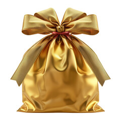 Elegant golden bag tied with a satin ribbon, isolated on a white background for versatile use.