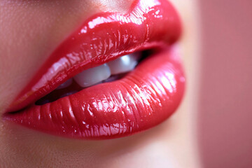 Obraz premium Close-up of lips with matte red, pink, purple, brown lipstick highlighting its soft texture and natural shine. Texture of female lips.