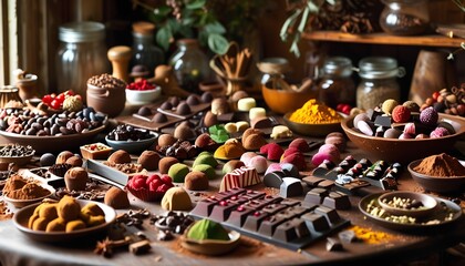 Fototapeta premium A delightful chocolate workshop filled with various molds, tools, and bowls of colorful cocoa and confections. A table is adorned with elegantly crafted chocolates and truffles