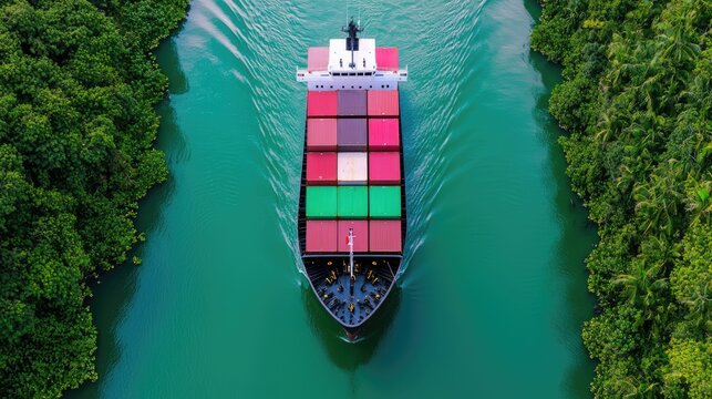A cargo ship laden with colorful containers navigates through a lush green waterway, showcasing vibrant colors and serene nature.