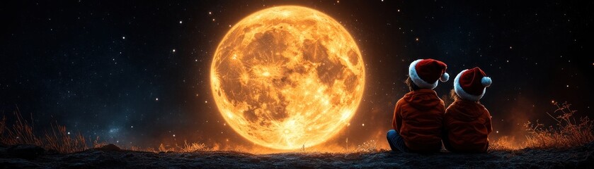 Children in Santa Hats Watch the Full Moon, Dreaming of Santa's Sleigh Flying By, Christmas Magic Under the Night Sky