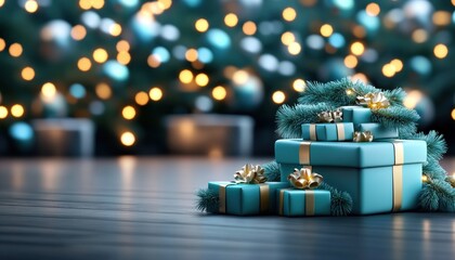 Christmas Gifts Under the Tree with Glowing Lights, Festive Holiday Decor Inspiration, Blue and Gold Presents Wrapped with Ribbons, Mystery of What's Inside