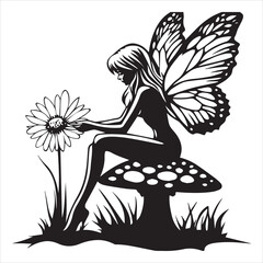 Black and white stencil of a fairy with butterfly wings sitting on a mushroom, holding a daisy flower in her hand, in a vector style, with a simple design.
