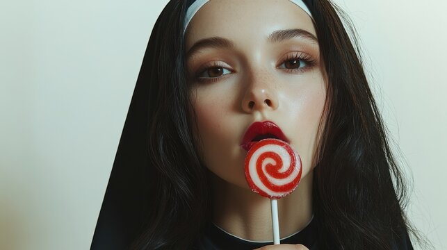 A woman dressed in a nun's attire playfully bites a colorful lollipop