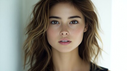 Naklejka premium The woman gazes thoughtfully, her hair cascading beautifully around her face