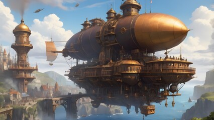 Massive airships docked at floating harbors	
