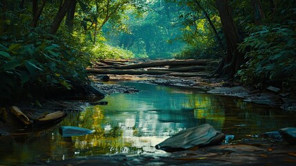 A serene, winding stream flows through a lush green jungle, sunlight filtering through the canopy above, reflecting on the tranquil water.