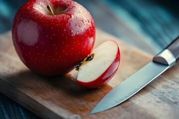 A shiny red apple with a sliced piece next to a knife on a wooden cutting board.