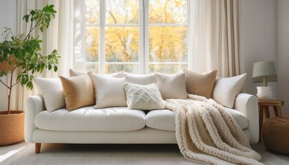 White cushions and cream color blanket on white sofa against of window. Scandinavian style interior design of modern living room, soft pastel colors. Created with generative AI