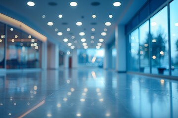 Blurred Modern Office Interior with Panoramic Windows and White Ceiling Lights, Luxury Conference Hall Background