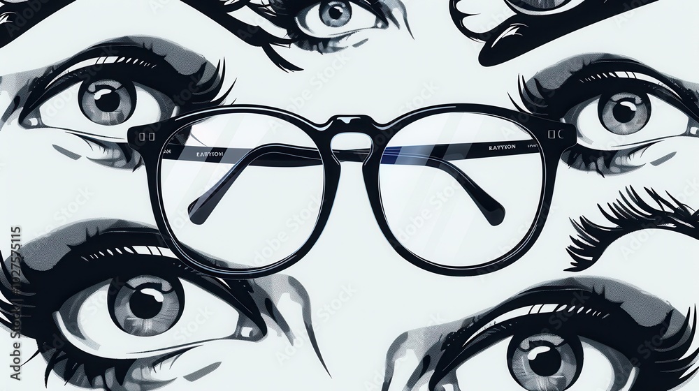 Poster the artwork showcases a pair of stylish eyeglasses set against an engaging backdrop filled with intr