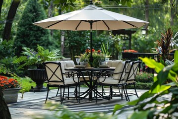 Fototapeta premium Stylish black and white outdoor dining set with umbrella on a grey striped rug, surrounded by plants and flowers in the sunlight.