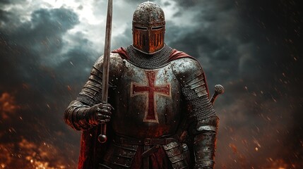 A brave knight clad in armor confronts flames and shadows, ready for battle