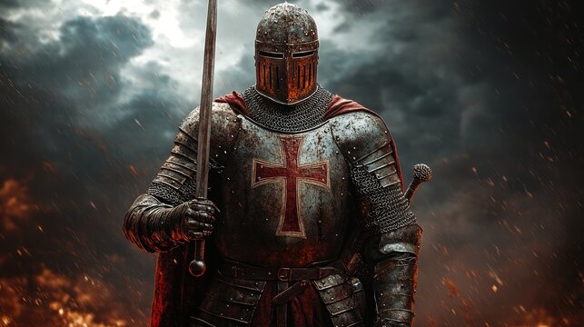 A brave knight clad in armor confronts flames and shadows, ready for battle
