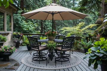 Obraz premium Stylish black and white outdoor dining set with umbrella on a grey striped rug, surrounded by plants and flowers in the sunlight.