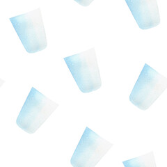 Seamless pattern with glass tumbler, blue ecology watercolor illustration on white background. For wrapping paper, textile, packaging, fabric