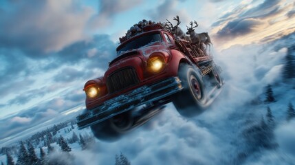 Magical Christmas Truck Soaring Through Snowy Skies with Reindeer, A Festive Winter Wonderland Scene