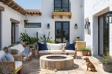 Cozy Patio with White Stucco Walls, Black Steel Windows, Firepit, and Light Wood Armchairs