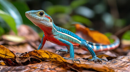 Colorful lizard walking over fallen leaves in a tropical forest under soft morning light