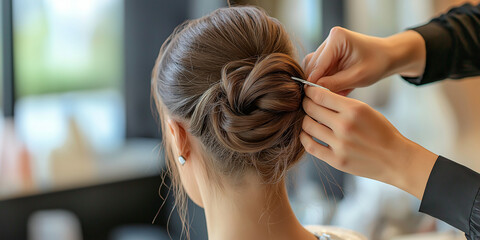Naklejka premium A stylish updo is meticulously crafted by skilled hands in a professional hair salon, highlighting grace, sophistication, and attention to detail in hairstyling.
