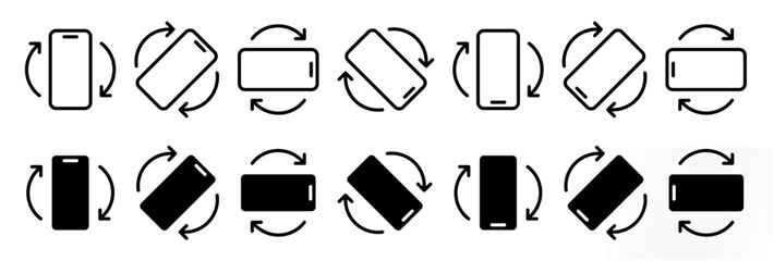 rotate smartphone or mobile icon set (solid black fill). rotation of mobile device icons collection. display rotation symbol.