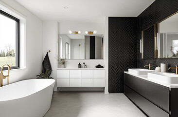 A modern bathroom with herringbone tiles, white walls, and a black accent wall, a large mirror, a freestanding bathtub, a wooden vanity with a double sink