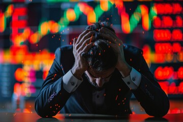Distressed businessman with head in hands, reacting to falling stock and crypto charts on large screens, set against a financial backdrop.