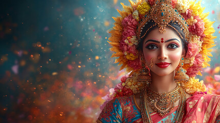 Beautiful Indian woman in traditional clothing and jewelry with flower headdress against a colorful background.