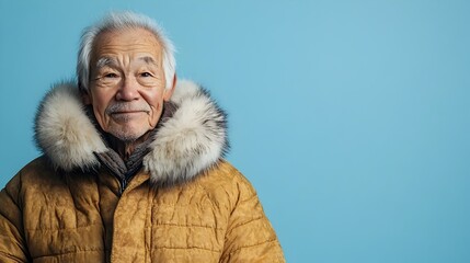 A contented elderly Inuit man wearing a warm cozy and traditional fur trimmed parka poses for a full body portrait in a studio setting with a plain blue background