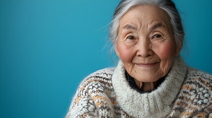 Portrait of a smiling contented elderly Inuit woman wearing a warm handmade knitted sweater against a plain blue studio background - Powered by Adobe