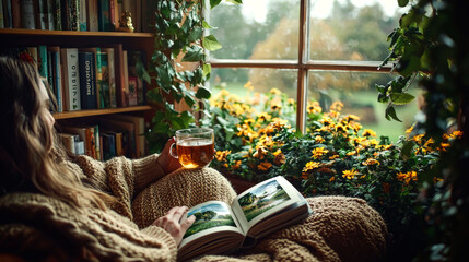 Fototapeta premium Cozy reading nook with a view and a drink.