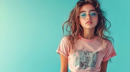 Portrait shot of a curious and stylish Latina teenage girl dressed in a trendy graphic tee and ripped jeans posing with studio lighting on a plain teal background with copy space above
