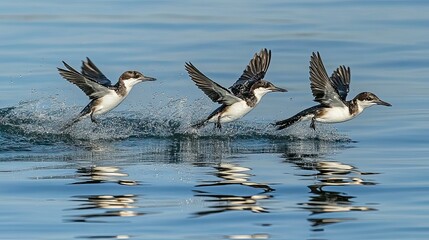 Three birds take off from the water, creating splashes and ripples.