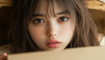 Woman Gazing at a Gift Box Filled with Wonder and Anticipation, Expectant Eyes, Brown Hair, Gift, Surprise, Joy, Happiness, Present, Celebration, Special Occasion, Thoughtful, Romantic, Love