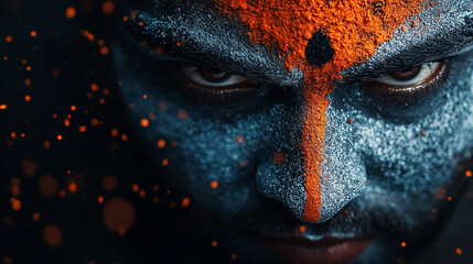 Close-up portrait of a man with blue and orange paint on his face, looking intense.