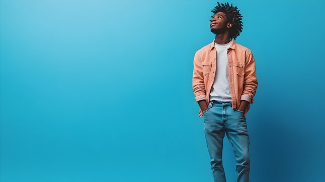 Confident and stylish African American teenage male in a modern streetwear ensemble posing with a cool expression in a minimalist studio setting with a plain blue backdrop and copy space
