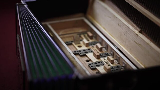 The internal mechanism of the harmonium, a famous Indian classical instrument, Closeup Shot, inside of harmonium