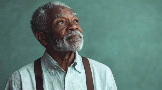 Portrait of a thoughtful and distinguished African American elderly man dressed in a crisp collared shirt and suspenders - Powered by Adobe