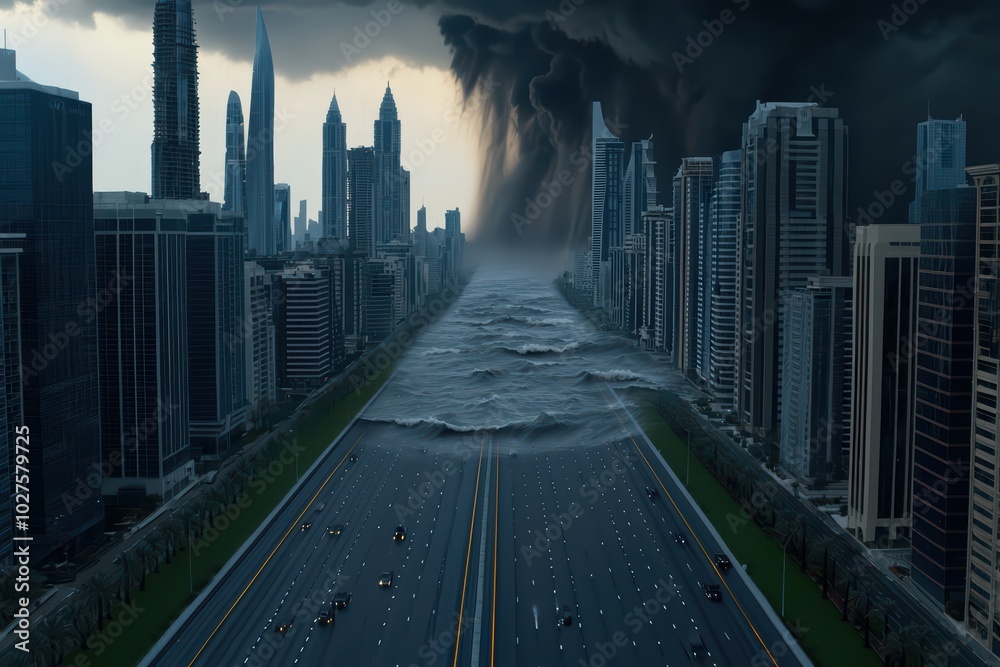 Wall mural a dramatic urban landscape featuring a massive wave approaching a skyscraper city under dark storm c